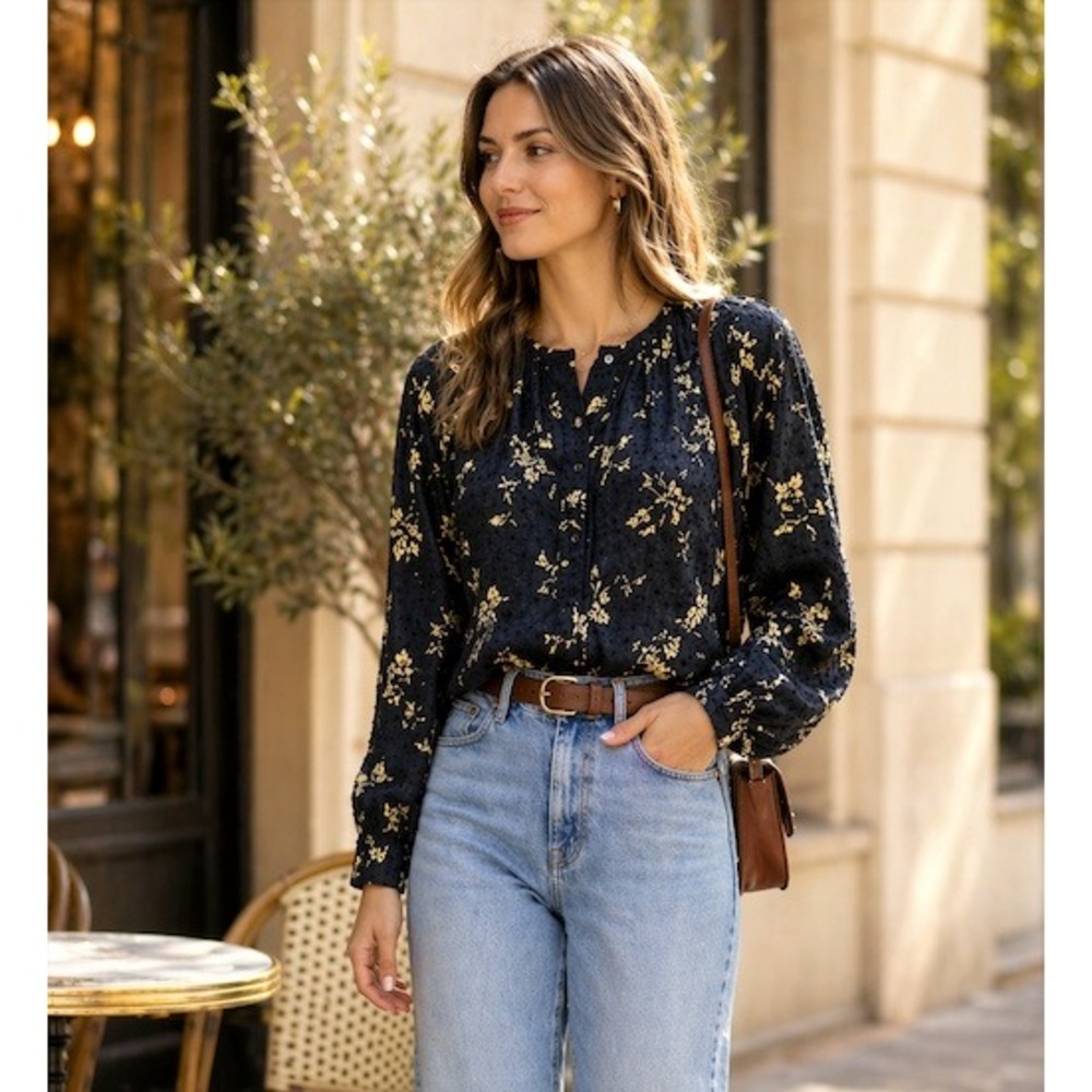 Mille Floral Swiss Dot Cotton Blouse Black Yellow Button Front Top Size S